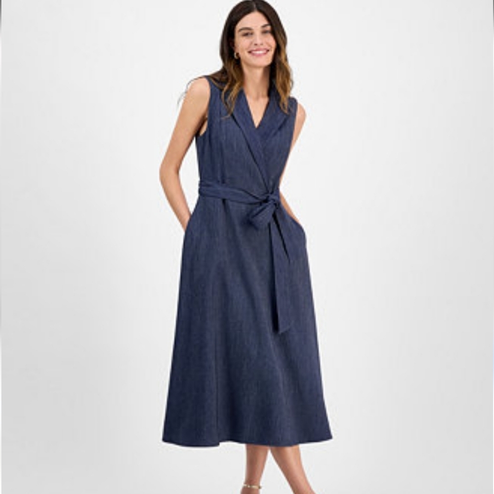 Vintage Y2K Tommy Hilfiger Denim Sleeveless Faux Wrap Belt Midi Dress SZ 4